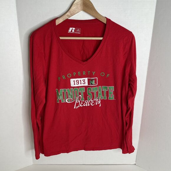 Russell Athletic Tops - Minot State Beavers Womens V-Neck Long Sleeve Shirt, Red, Large, Russell